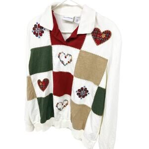 Alfred Dunner Cotton Blend Patchwork Hearts Casual Sweatshirt Size L Valentine